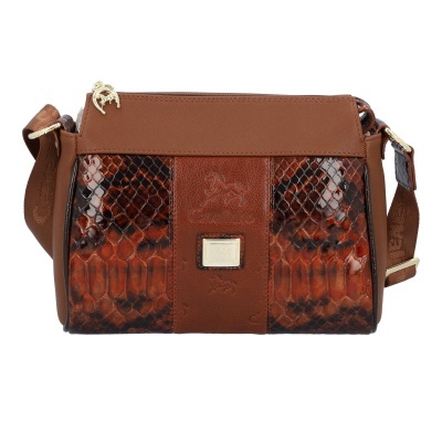 Mala de ombro castanha com textura de padrão cobra e fecho dourado