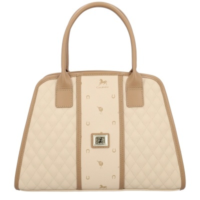 Mala de mão bege e castanha com padrão matelassê e logotipo Cavalinho