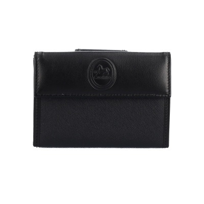 Carteira preta em pele e tecido com logo Cavalinho em relevo.