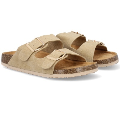 Sandálias de duas tiras largas bege com fivelas douradas e sola de cortiça.