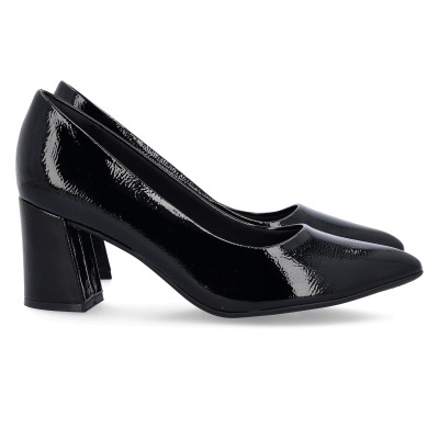 Sapatos de salto alto femininos pretos brilhantes de verniz com salto quadrado