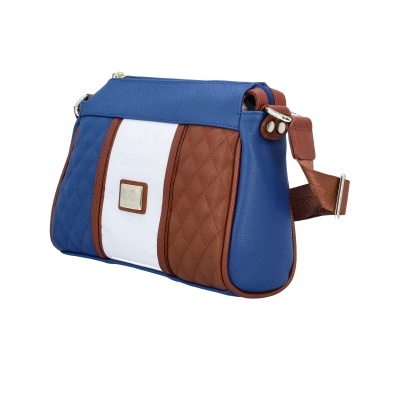 Mala feminina azul, castanha e branca com padrão acolchoado e alça castanha ajustável