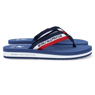 Chinelos de dedo azuis com tiras multicolor e texto da marca