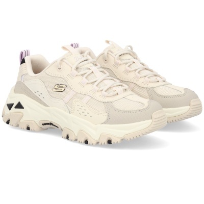 Par de ténis Skechers bege cinza claro e lilás com sola tratorada