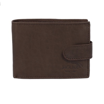 Carteira de couro castanha com aba e logo Jaguar
