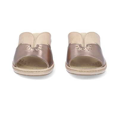 Chinelos abertos bege e bronze metálico com detalhes recortados