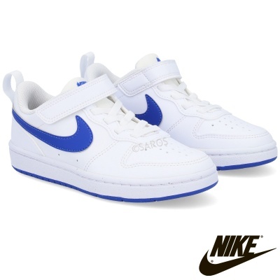 Ténis infantis Nike brancos com swoosh azul e fecho de velcro