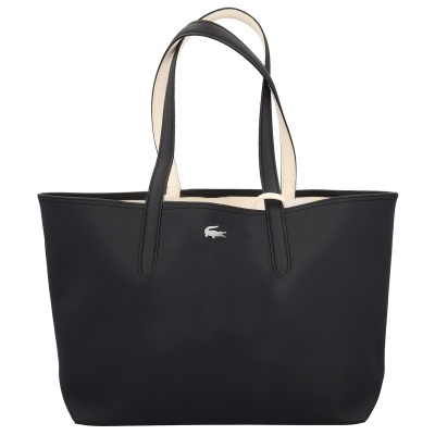 Mala preta com interior bege e logótipo crocodilo prateado