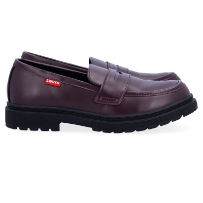 Sapatos mocassim de couro roxo com sola preta e etiqueta vermelha Levis
