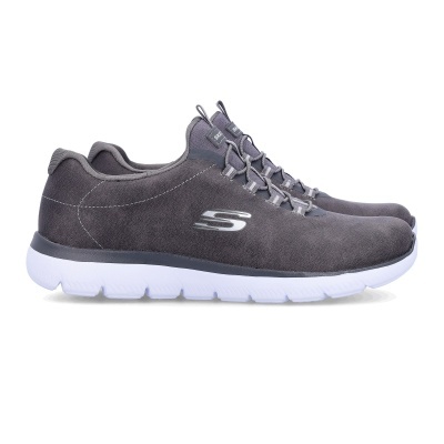 Ténis cinzentos Skechers com sola branca e logo S prateado