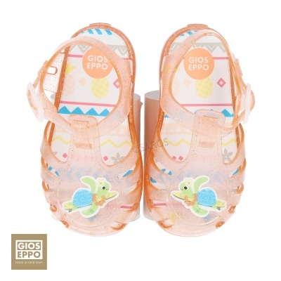 Sandálias infantis transparentes com aplicação de tartaruga colorida e texto GIOS EPPO