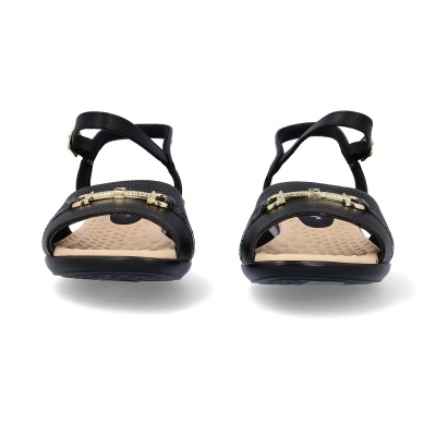 Sandálias pretas com detalhe dourado e interior bege texturado