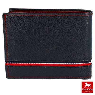 Carteira de pele preta com costura vermelha e faixa tricolor