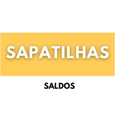 Texto SAPATILHAS em amarelo com SALDOS preto destacado