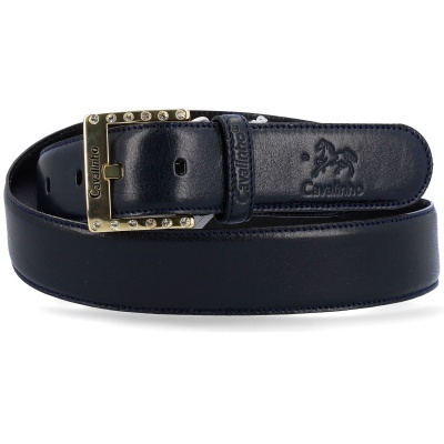 Cinto de couro preto com fivela dourada com detalhes e relevo de cavalo