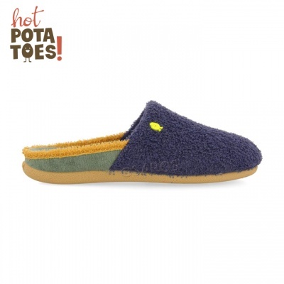 Pantufas Hot Potatoes azul, amarelas por dentro, com sola castanha