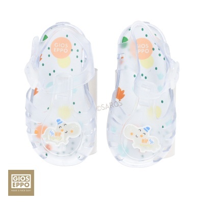 Sandálias transparentes GIOS EPPO com padrão colorido e detalhe de nuvem branca