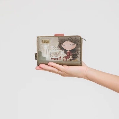 Carteira castanha e bege com ilustração de menina e texto Know Yourself