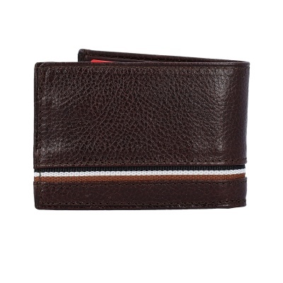 Carteira masculina de couro marrom escuro com faixas brancas e castanhas