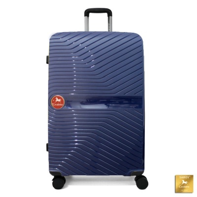 Mala de viagem rígida azul escuro com rodas e pega telescópica.