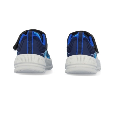 Sapatilhas desportivas azuis e pretas com sola branca vistas de trás