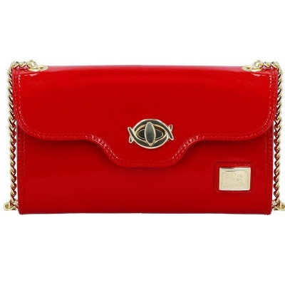 Carteira vermelha brilhante com fecho e cadeia dourados