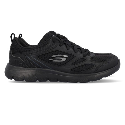 Sapatilha desportiva preta Skechers com logo prateado e sola preta