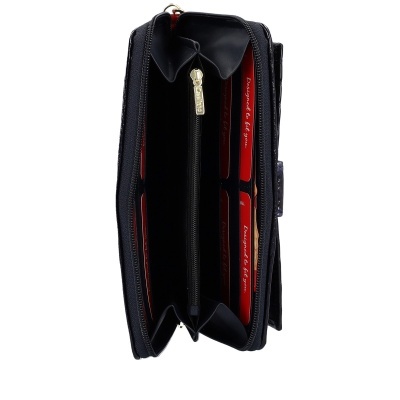 Carteira preta com fecho de zíper e compartimentos interiores