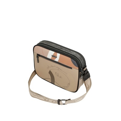 Bolsa de ombro bege e castanha com padrão geométrico e correia ajustável
