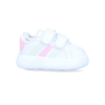 Ténis infantis branco com detalhes rosa e cinza e velcro