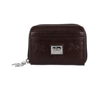 Carteira castanha escura em pele com placa metálica prateada Cavalinho