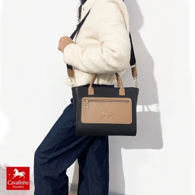 Mala de mão preta e castanha Cavalinho com bolso exterior castanho e alça ajustável preta