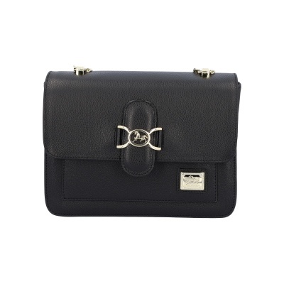 Mala preta com fecho dourado e placa metálica com cavalo.