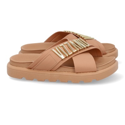 Chinelos rasos cor de pele com letras metálicas douradas VIZZANO