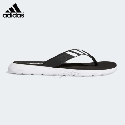 Chinelo Adidas preto com sola branca e riscas brancas nas tiras
