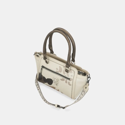 Mala de mão bege com padrão abstrato e alças castanho escuras