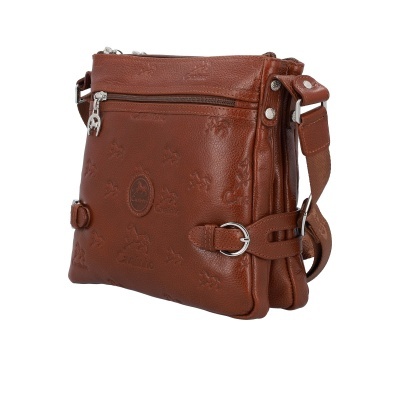 Mala castanha de pele com padrão em relevo e fivela