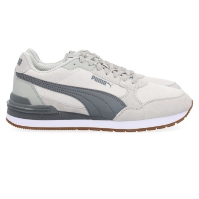 Sapatilhas Puma cinzentas claras e escuras com sola branca e castanha