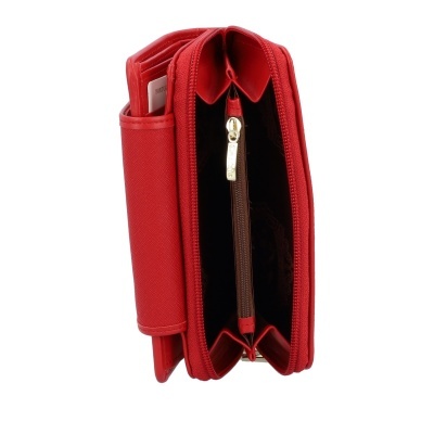 Carteira vermelha com fecho de correr dourado e divisórias internas