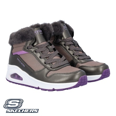 Ténis Skechers castanho com roxo e peluche cinzento