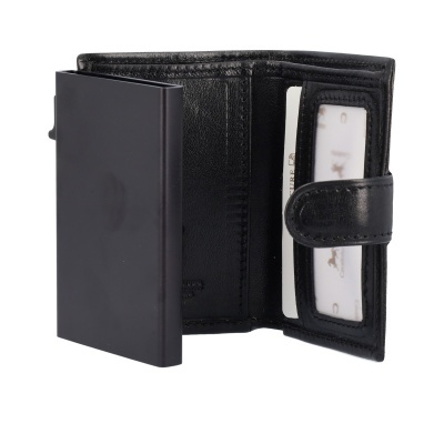 Carteira preta bifold em couro com capa preta rígida e compartimento para cartões