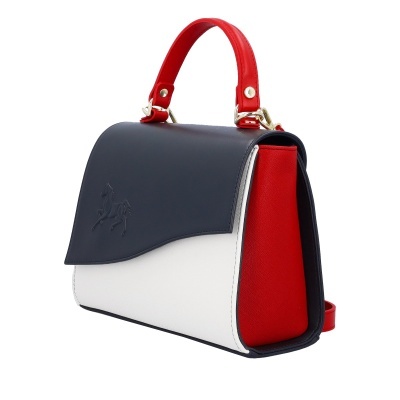 Mala de mão azul, branca e vermelha com alça vermelha e ferragens douradas