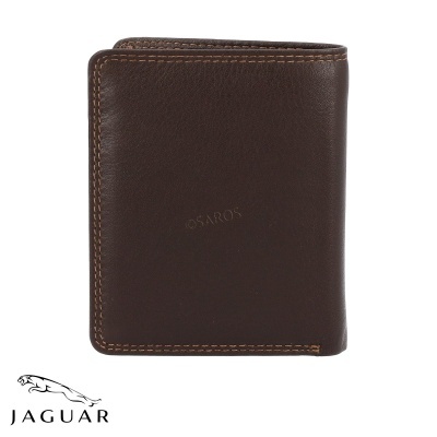 Carteira masculina castanha em pele com costura contrastante e logotipo Jaguar