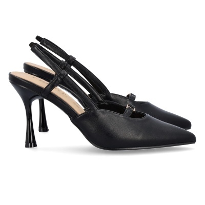 Sapatos femininos pretos de salto alto com tiras finas e biqueira pontiaguda