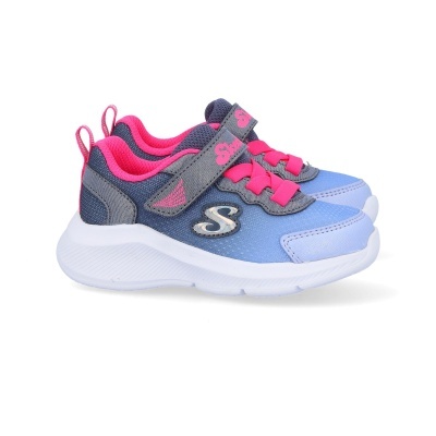 Ténis infantis azul, cinza e rosa com sola branca e fecho de velcro