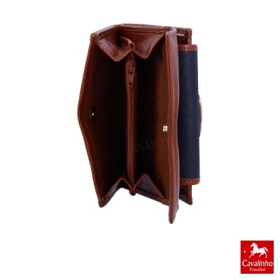 Carteira Cavalinho Penafiel em pele castanha e tecido azul escuro