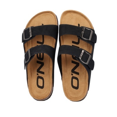 Sandálias tipo chinelos pretas com fivelas e palmilha castanha marca O'NEIL