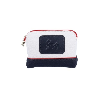 Carteira pequena branca com detalhes azuis escuros e fecho vermelho