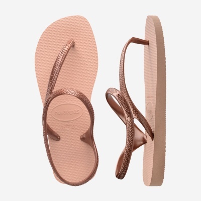 Sandálias Havaianas rosa metálico com tiras em padrão geométrico