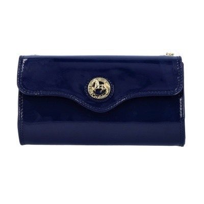 Carteira azul escuro em couro brilhante com botão dourado